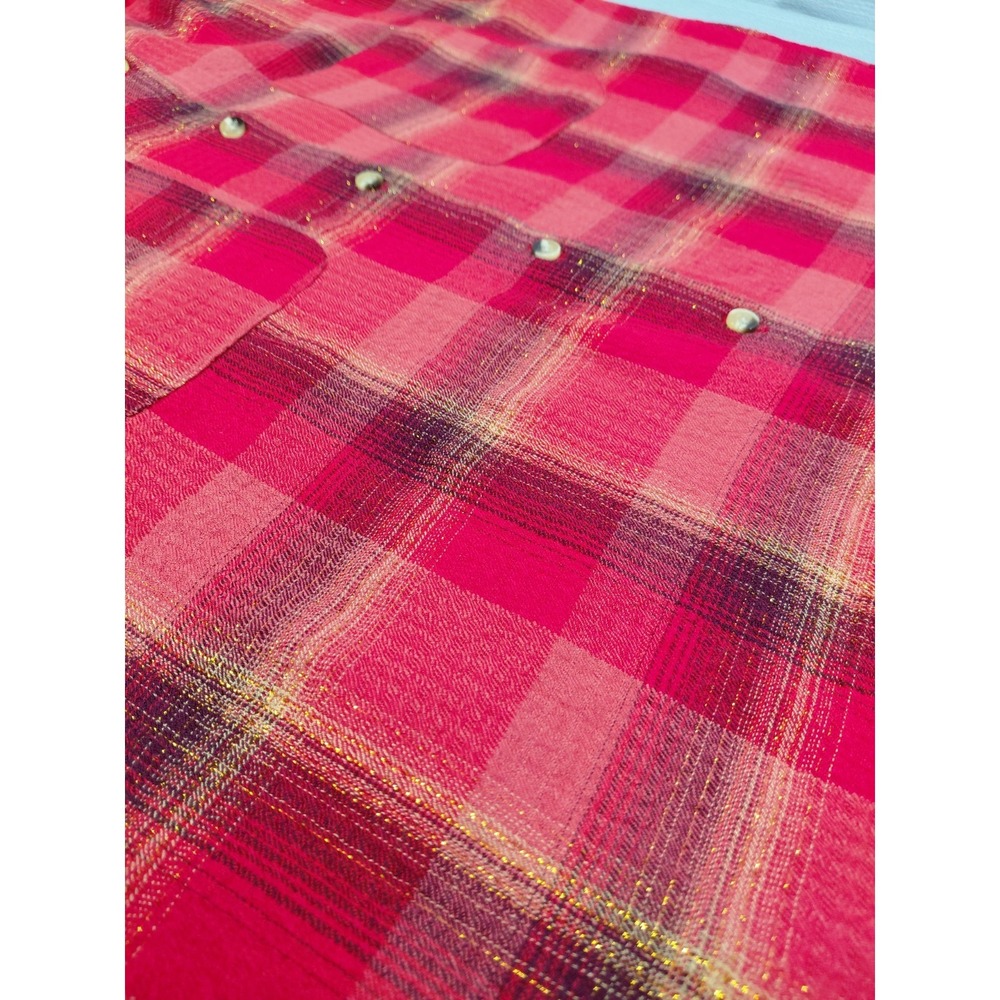 Cato Plaid Shirt Dress LG Red Gold Metallic Waffle Weave Long Sleeve - Picture 10 of 13